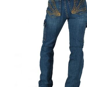 Cowgirl Tuff Women's Boot Cut Jeans - Blue with Gold Stitching 32x37